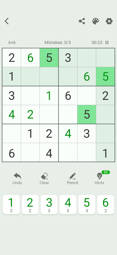 A 6x6 Sudoku puzzle grid interface from the Sudoku Journey app featuring large fonts and a clean green-themed layout.