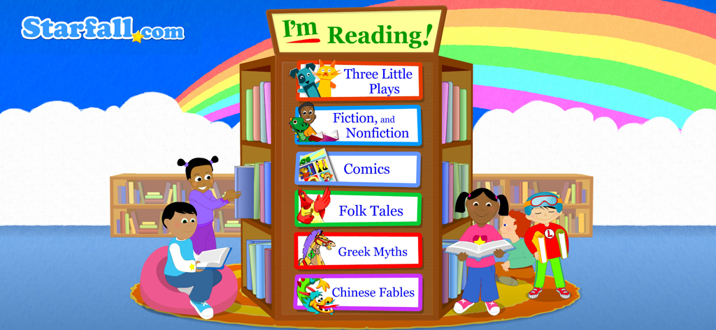 Starfall I'm Reading 앱 홈 화면에는 만화, 민담, 신화와 같은 스토리 카테고리가 있는 다채로운 책장이 특징입니다.