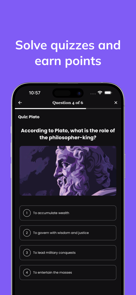 Mindsnap: Daily Micro Learning - A philosophy quiz screen in the Mindsnap app asking about Plato's philosopher-king.