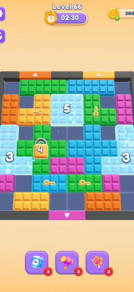 Block Out Master: Color Jam 3D - A colorful 3D block puzzle grid with keys and locks on a game level board