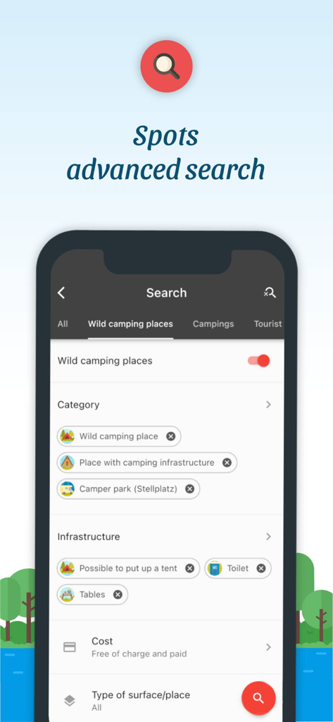Camp Group - Interface de busca avançada do aplicativo Camp Group mostrando filtros para locais de acampamento selvagem e infraestrutura do local como tendas e banheiros