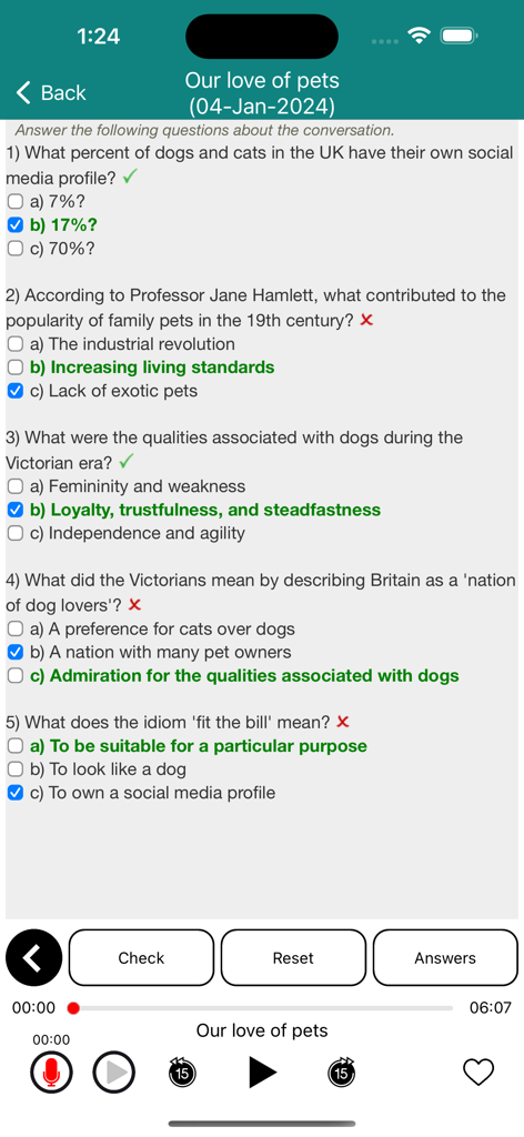6 Minute English (+Worksheets) - English language comprehension quiz interface with multiple choice questions and audio playback controls