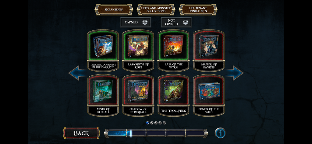 Uma tela de seleção no aplicativo Road to Legend exibindo várias caixas de expansão do Descent Journeys in the Dark categorizadas por possuídas e não possuídas.