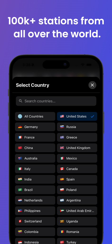 Radio App: Stations & Podcasts - A mobile interface for selecting radio stations by country with flags and a search bar