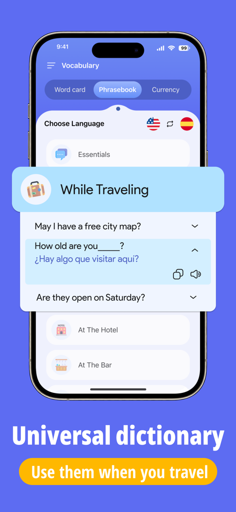 AMO translator, Translate all - AMO Translator mobile app interface showing a phrasebook for travelers with English and Spanish translations