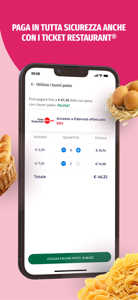 Cortilia - Spesa Online - Cortilia app interface for paying grocery shopping with meal vouchers like Ticket Restaurant