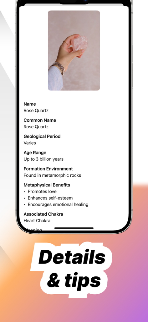 Rock Identifier & Crystal - Ri - Tela de identificação de Quartzo Rosa mostrando dados geológicos e benefícios metafísicos