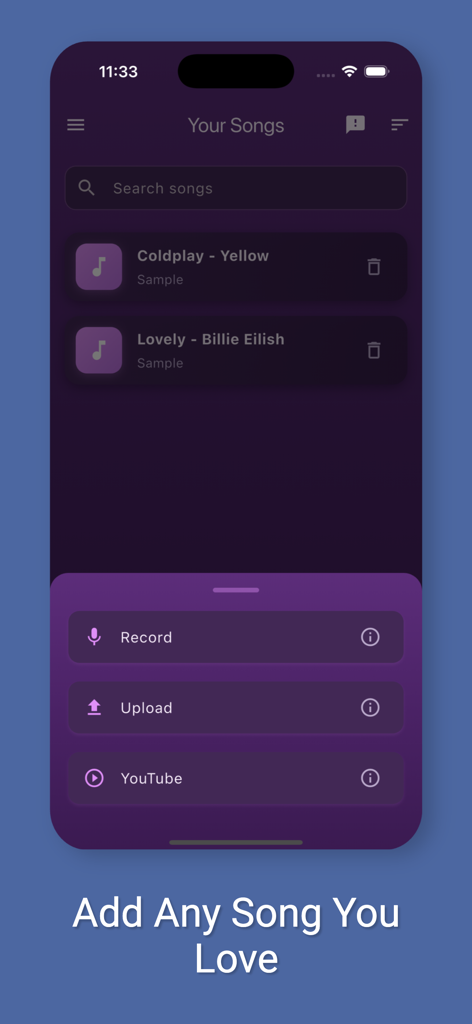 Pitchy - Sing On Pitch - The Pitchy app screen for adding songs via recording uploading or YouTube for vocal practice