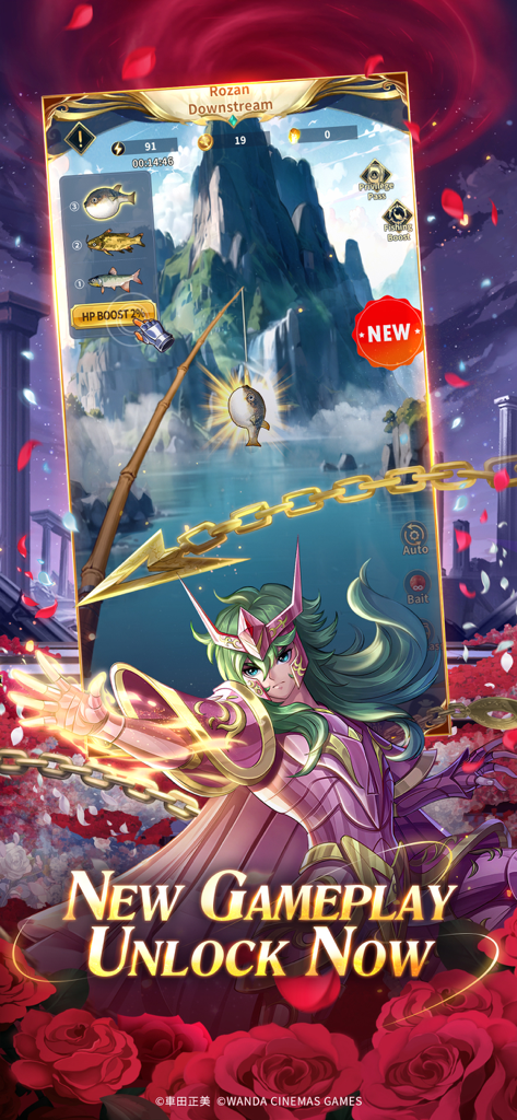 Saint Seiya: Legend of Justice - A vertical mobile game screenshot for Saint Seiya Legend of Justice showing a new fishing mini-game feature called Rozan Downstream.