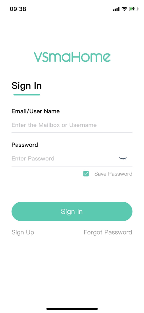 VSmaHome app sign in screen with email and password input fields