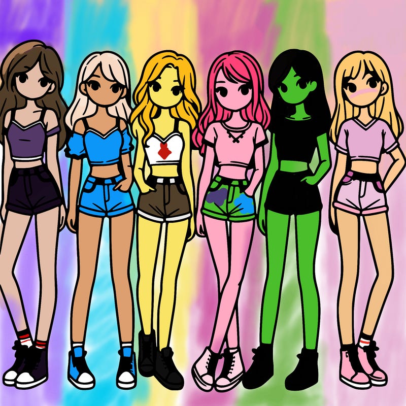 a group of girls wearing crop tops and shorts