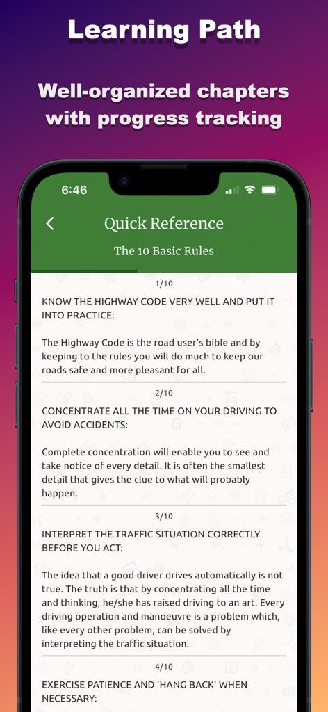 Zambia Highway Code - A mobile screenshot showing basic driving rules in the Zambia Highway Code app under a learning path section