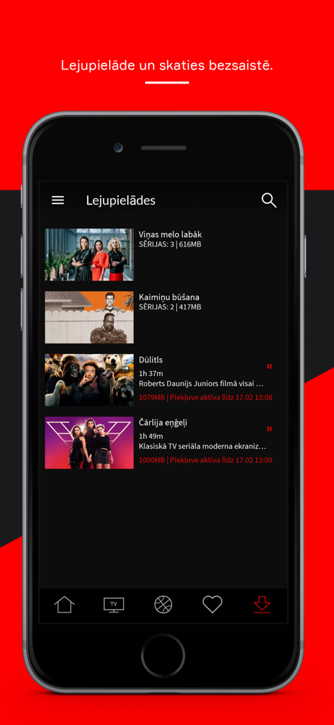 Go3 Latvija app interface showing the downloads section with movies and series available for offline viewing