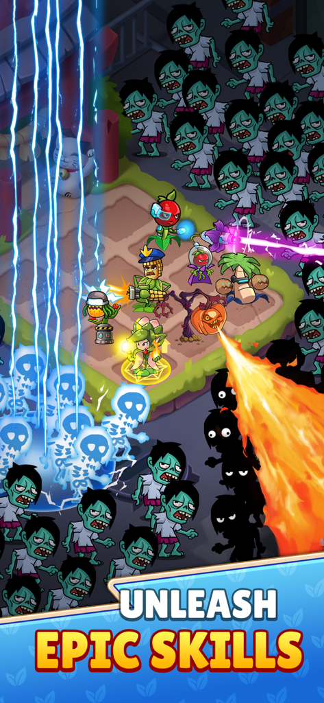 Flower zombie: City Defense - Unidades de plantas estratégicas usando habilidades de fuego y rayo para defender una ciudad contra una horda de zombies