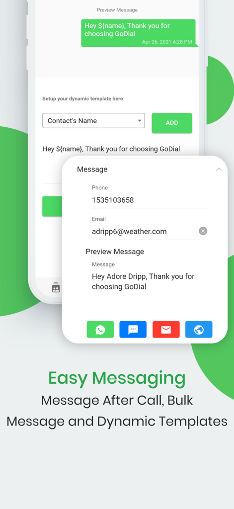 GoDial - Auto Call Dialer CRM - GoDial CRM app screen showing dynamic message templates for automated lead follow up