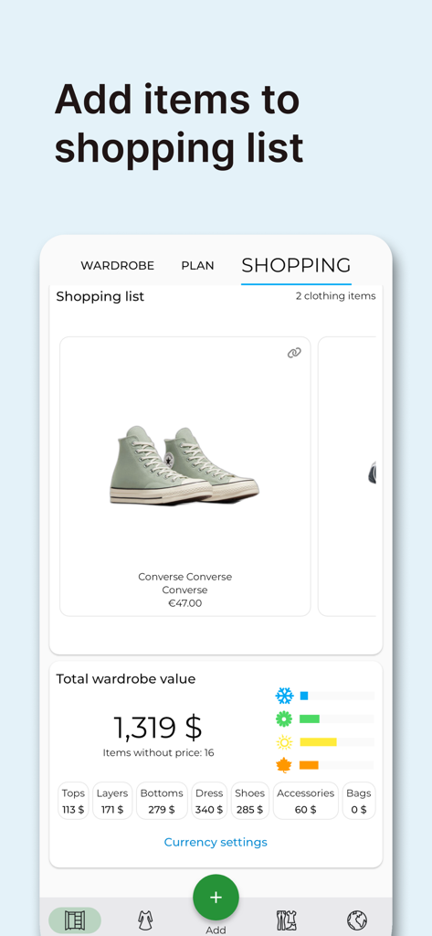 GetWardrobe Outfit Planner - GetWardrobe app interface showing the shopping list feature and total wardrobe value analytics by category