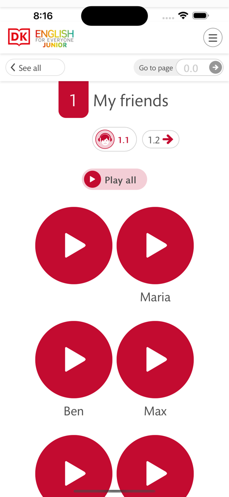 Interfaz de lección de audio con botones de reproducción para la aplicación DK English for Everyone Junior