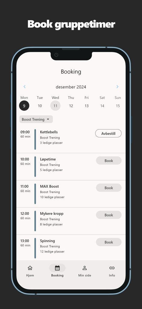 Boost Trening - Un teléfono móvil que muestra el horario de reserva de clases de fitness grupal de la aplicación Boost Trening con varias sesiones de entrenamiento.