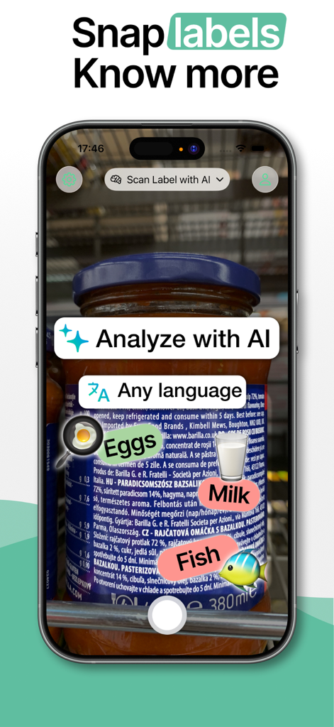 Food Scanner - Allergen Check - Pantalla de iPhone mostrando la aplicación Food Scanner analizando la etiqueta de un frasco de comida con IA para identificar alérgenos como huevo, leche y pescado