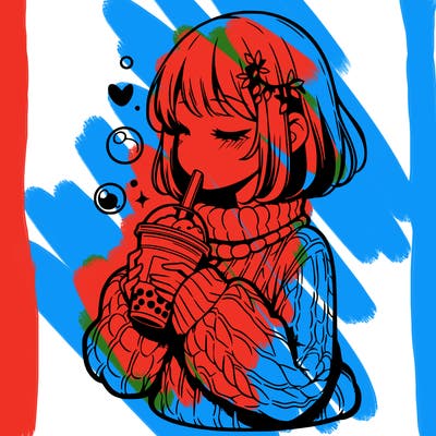 manga girl drinking boba in cozy sweater