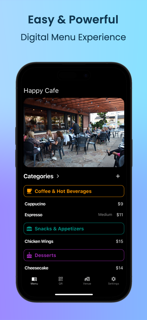 A smartphone screen displaying a digital restaurant menu for Happy Cafe with food categories and prices