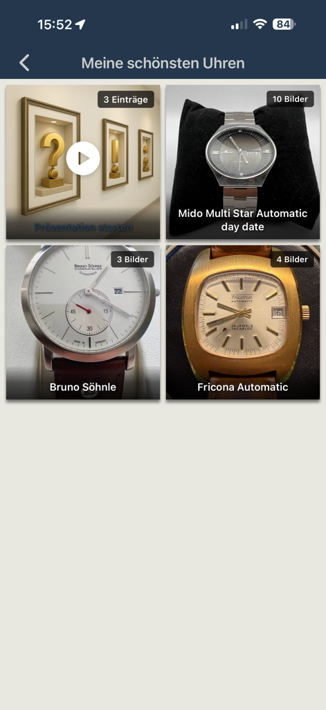 CollectAll Collections - Uma visualização em grade de uma coleção de relógios no aplicativo CollectAll, mostrando fotos e detalhes de diferentes modelos de relógios.