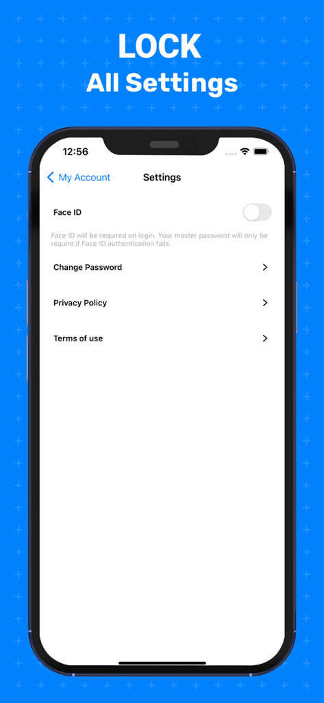 Settings menu of the 2FA authenticator app showing Face ID and password lock options