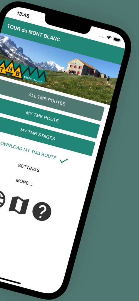 TMBmap - TMBmap app home screen showing navigation options for the Tour du Mont Blanc trek.