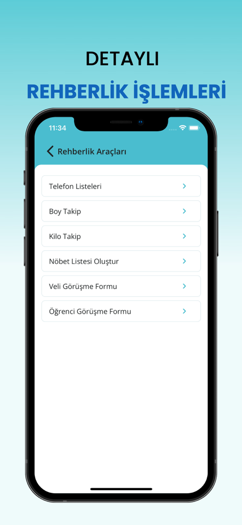 Interface of the Teacher Documents app showing a menu for guidance tools including student height tracking and meeting forms.