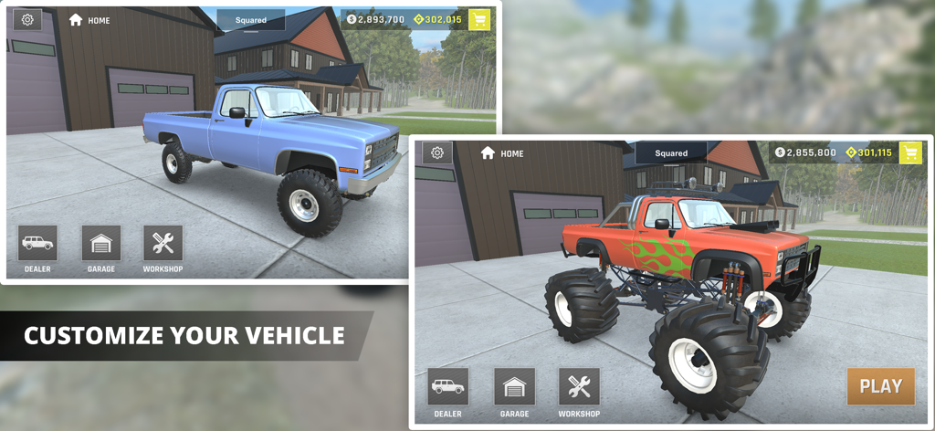 Torque Offroad - Una pantalla que muestra varias opciones de personalización de vehículos en Torque Offroad, incluyendo una camioneta azul y un monster truck naranja con llamas verdes.