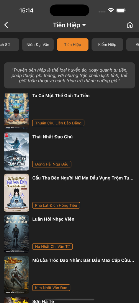Webnovel.vn – Truyện & Sách - Interfaz de la aplicación Webnovel.vn que muestra una lista de novelas de fantasía vietnamitas bajo la categoría Tien Hiep en modo oscuro.