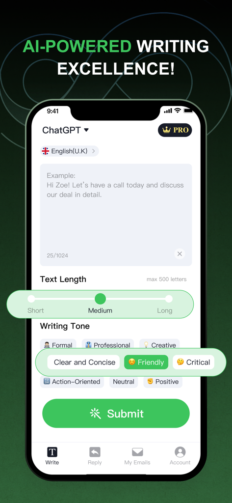 AI Email: AI Writer Assistant - AI Emailアプリのインターフェースで、トーン選択オプションとメッセージ長スライダーが表示されています。