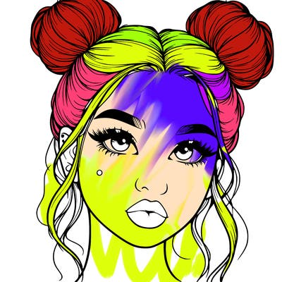 realistic girl with two buns on her hair and lips