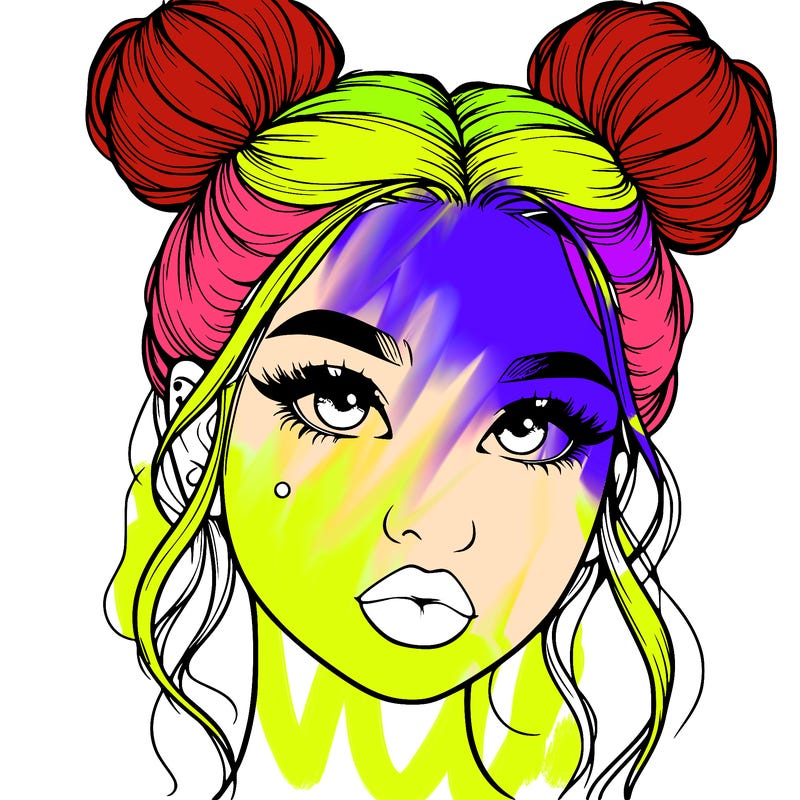 realistic girl with two buns on her hair and lips