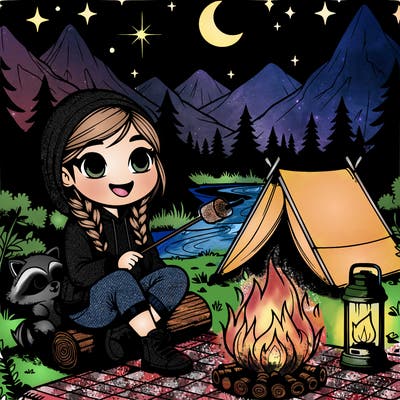 “a young girl with braided hair sits cross-legged on a checkered picnic blanket near a glowing campfire. she’s wearing a cozy hoodie and hiking boots, with a marshmallow on a stick roasting over the fire. behind her, a small tent is pitched under tall pine trees, with a starry night sky and a crescent moon above. a friendly raccoon peeks out from behind a log, and a lantern glows softly on the ground beside her. in the background, a winding river reflects the moonlight, and distant mountains rise under the shimmering stars.”