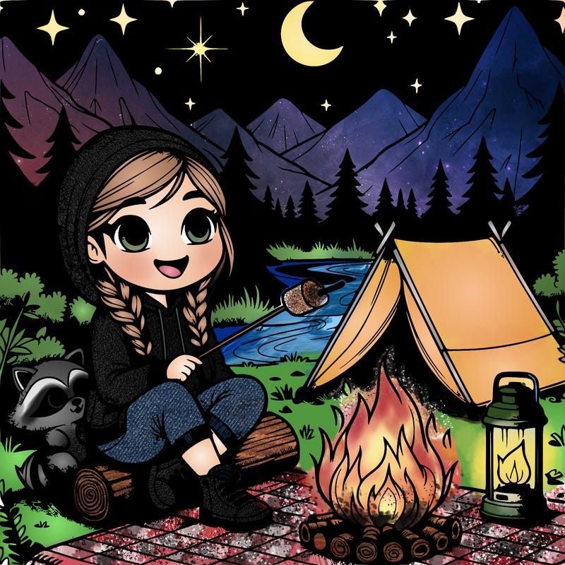 “a young girl with braided hair sits cross-legged on a checkered picnic blanket near a glowing campfire. she’s wearing a cozy hoodie and hiking boots, with a marshmallow on a stick roasting over the fire. behind her, a small tent is pitched under tall pine trees, with a starry night sky and a crescent moon above. a friendly raccoon peeks out from behind a log, and a lantern glows softly on the ground beside her. in the background, a winding river reflects the moonlight, and distant mountains rise under the shimmering stars.”