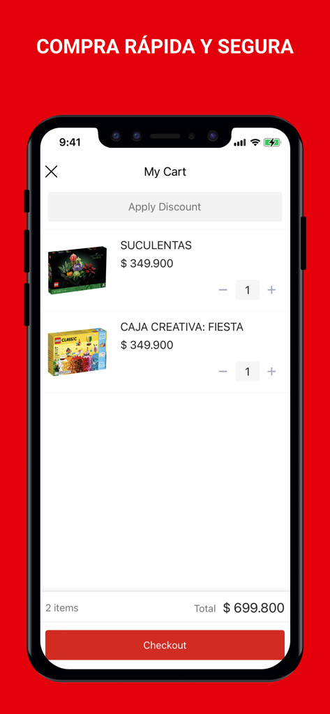 TIENDA LEGO® - Tela do carrinho de compras do aplicativo móvel LOJA LEGO com conjuntos e botão de checkout