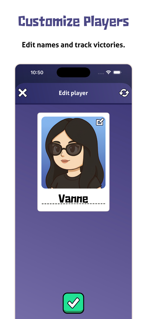 Interface to customize player names and avatars in the Chameleon app