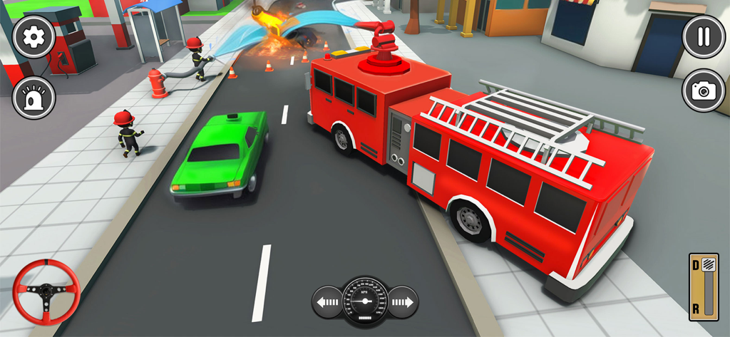 Dream Vehicle Car Driving Game - Un camión de bomberos extinguiendo el fuego de un coche en una simulación de conducción en una calle de la ciudad