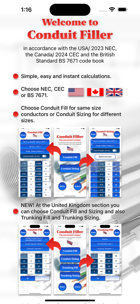 Conduit Filler - Welcome screen of the Conduit Filler app highlighting NEC CEC and BS 7671 electrical code calculations