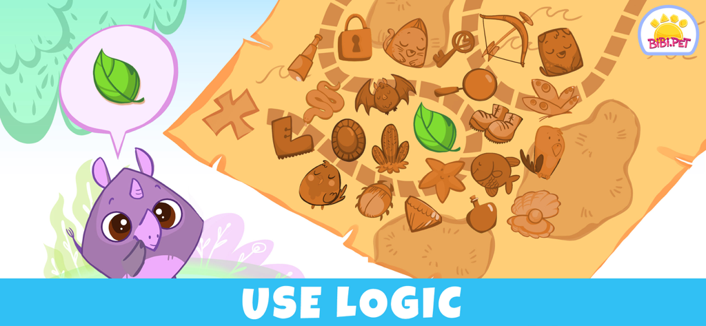 Bibi Jungleの未就学児向け論理パズルゲームに登場する紫色のサイのキャラクターと宝の地図