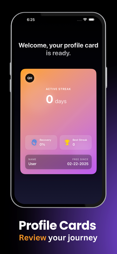 QuitHub - Quit Porn Now - Captura de pantalla de una aplicación móvil que muestra la tarjeta de perfil de QuitHub con días de racha activa y métricas de progreso de recuperación.