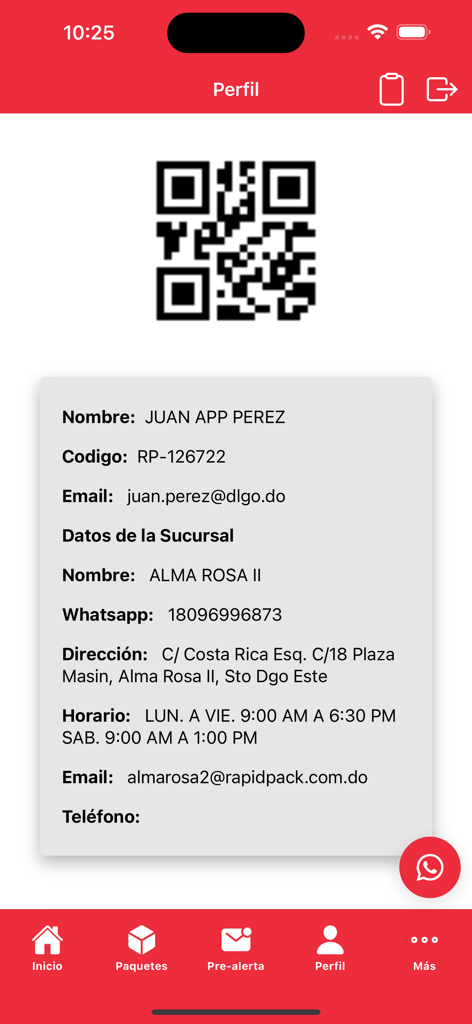 Rapid Pack - Pantalla de perfil de la aplicación Rapid Pack mostrando un código QR de usuario y detalles de contacto de la sucursal del transportista