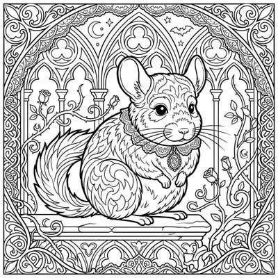 Discover a uniquely charming chinchilla, reimagined in a captivating Gothic style. This intricate coloring page features delicate lace, ornate architecture, and mysterious rose vines, promising a deeply engaging artistic experience.