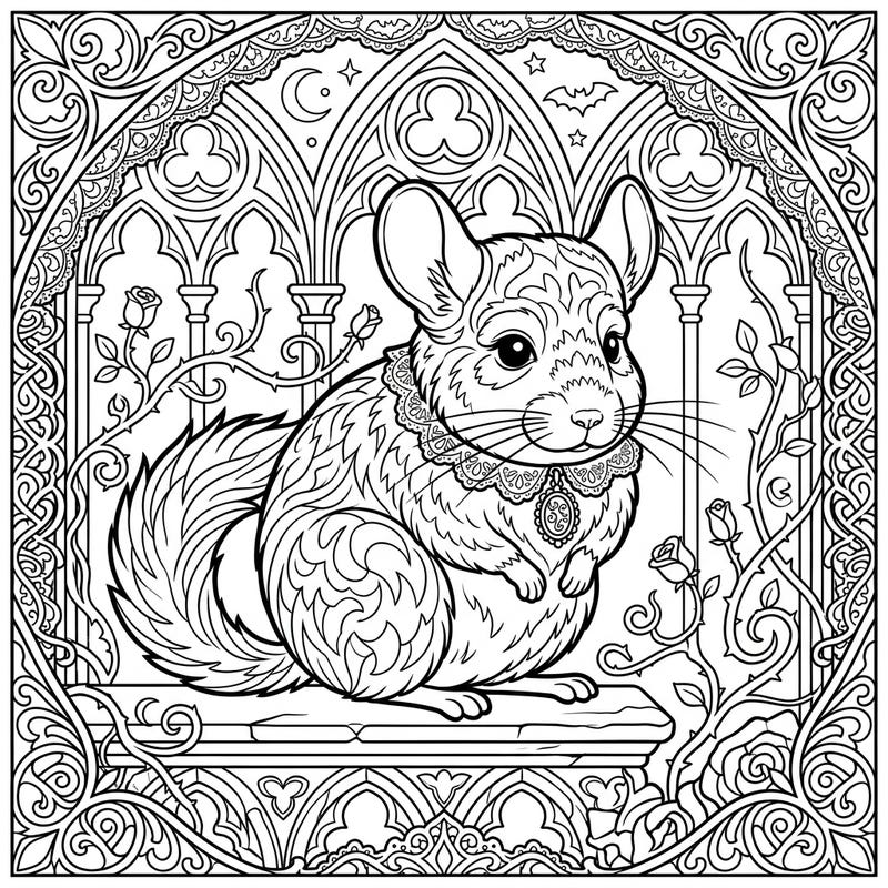 Discover a uniquely charming chinchilla, reimagined in a captivating Gothic style. This intricate coloring page features delicate lace, ornate architecture, and mysterious rose vines, promising a deeply engaging artistic experience.