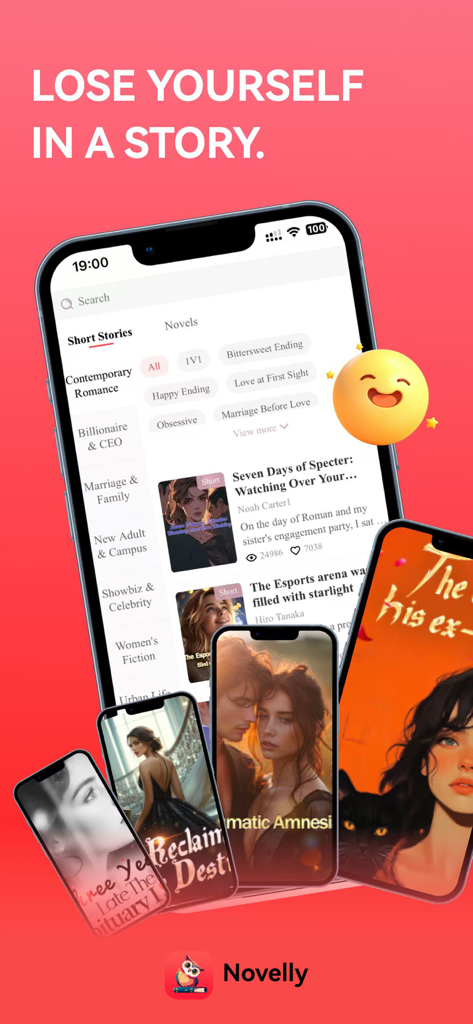 Novelly X - Novelly X mobile app interface displaying a library of romance and thriller stories