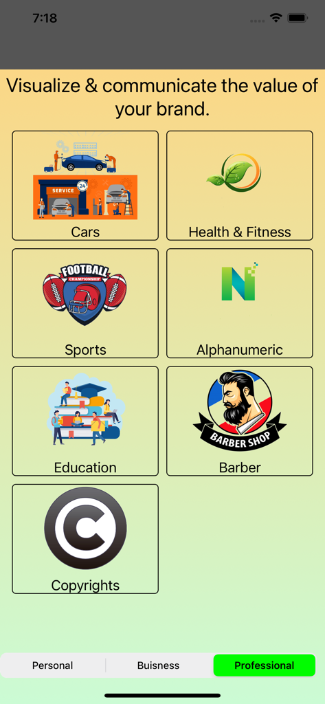 Create Logo Maker for Business - Interfaz de la aplicación creadora de logos que muestra varias categorías de diseño incluyendo deportes, salud y educación