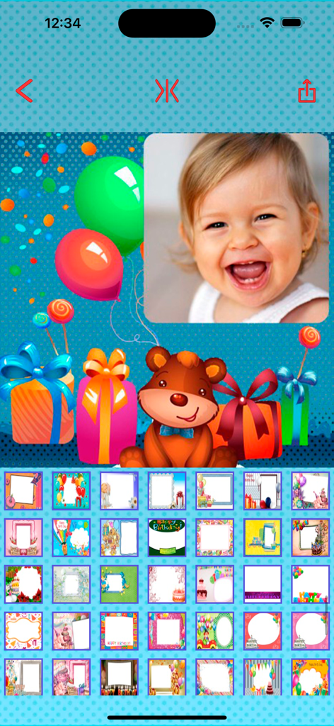 Happy birthday photos frames - Una foto de un bebé dentro de un marco de cumpleaños festivo con una selección de plantillas de bordes decorativos.