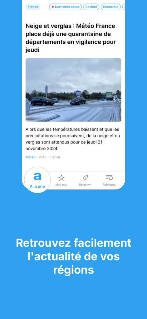 Actu - Interfaccia dell'app Actu che visualizza notizie meteo regionali francesi e una barra di navigazione con opzioni di aggiornamento locale