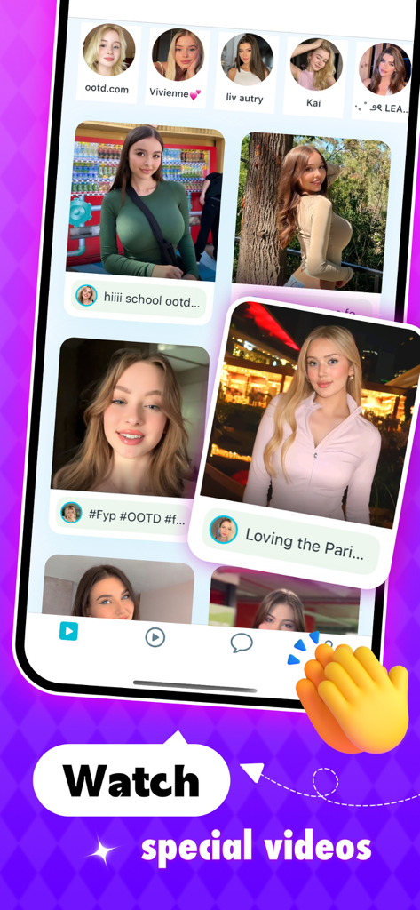 Interfaccia dell'app Plexi che mostra un feed video curato con profili di creator e contenuti brevi.